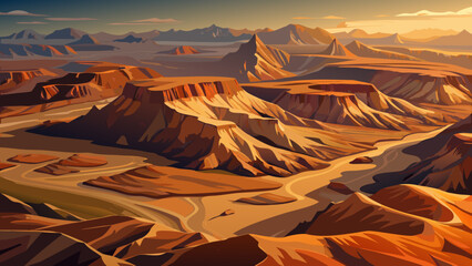 Aerial view of a vast desert canyon landscape with rugged mountains and a winding river at sunset