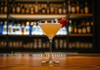 Classic Cocktail in Martini Glass with Strawberry Garnish on Bar Counter