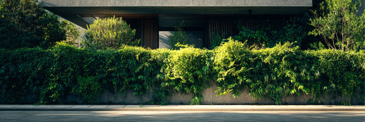 A lush green fence adorned with vibrant leaves stands in front of a sleek suburban villa, showcasing a blend of nature and contemporary living in the warm sunlight, banner