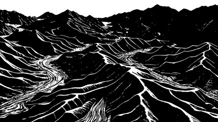 Black and white illustration of rugged rocky mountain landscape with winding river and sharp peaks