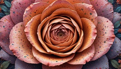 Abstract floral close up featuring vibrant pink and orange petals with unique speckle textures and a spiraling center