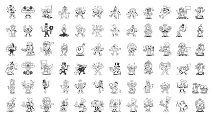 Traditional Ink Animation Style Characters, Vintage 1930s Vector Art