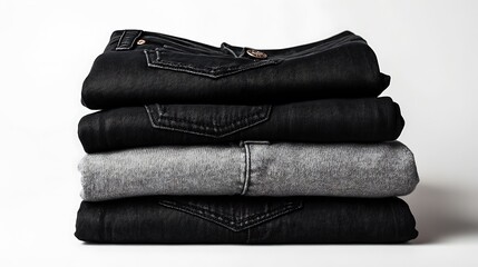 Stack of neatly folded black and gray denim pants, showcasing texture and layered arrangement