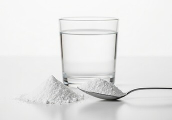 Clear Glass of Water with Powder Spilled Next to Metal Spoon