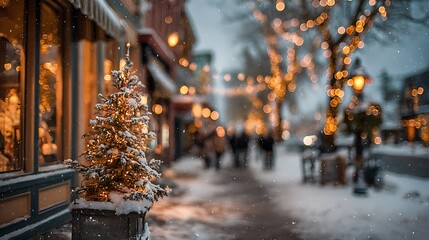 Snow-covered street scene at dusk, festive lights illuminate storefronts, blurred figures walking