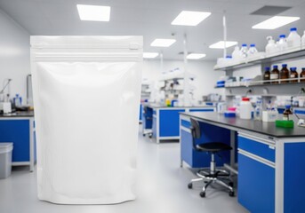Clean Empty Laboratory Workspace With Blue Cabinets And Fume Hood