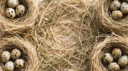 Four nests made of straw containing speckled quail eggs. The nests are arranged symmetrically on a light background, emphasizing nature and wildlife.
