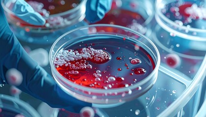 Petri dishes with red culture medium and microbial colonies—gloved hand and lab setup highlight sterile procedures, microbiological research, and scientific analysis in biotechnology or medicine.