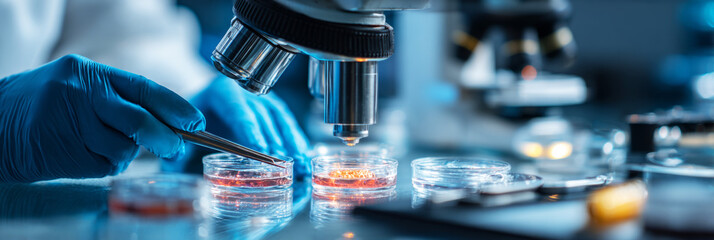 Scientist focuses on seabed samples using a microscope while surrounded by vials and various tools on a lab bench. The scene captures a moment of research in progress, banner