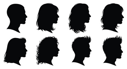 A collection of various human head profiles presented in a striking black silhouette