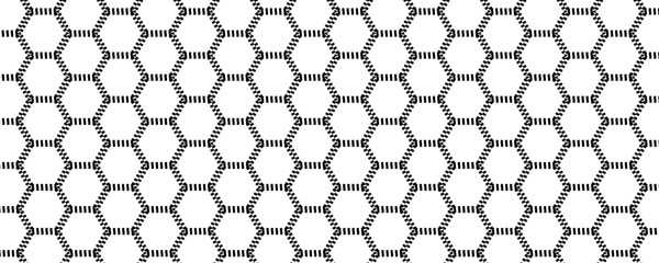 Seamless Abstract Hexagon Pattern in Black and White: A Modern Geometric Vector Design Reflecting Futuristic Technology Aesthetics.