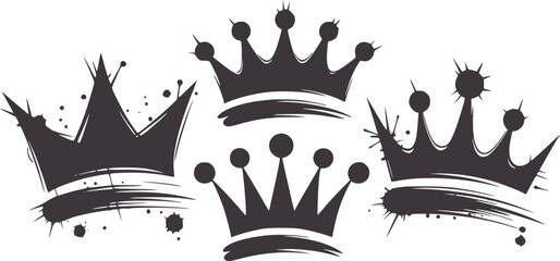 Three black hand drawn crowns in bold with paint splatter accents