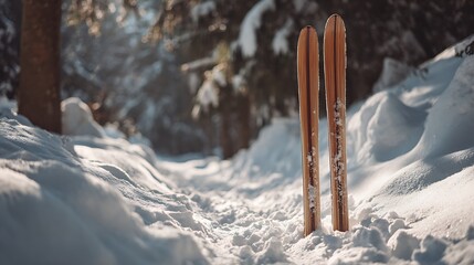 Two skis stand upright in deep snow. A snow path leads into a snow-covered forest