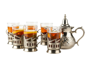ramadan tea service with ornate teapot and glass cups on metal stand