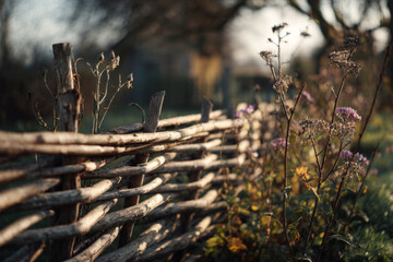 Fototapeta premium A woven twig fence borders a small eco-garden next to a countryside cottage. The sun shines softly on plants and dirt paths in the early morning light