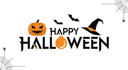 Fototapeta premium Halloween greeting card design featuring a carved jack o lantern pumpkin bats a witches hat and spider webs on a clean white background.