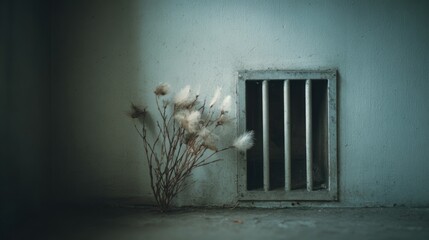 Dried thistle seed heads beside a barred ventilation vent in a dusty concrete wall, moody abandoned interior. AI generative