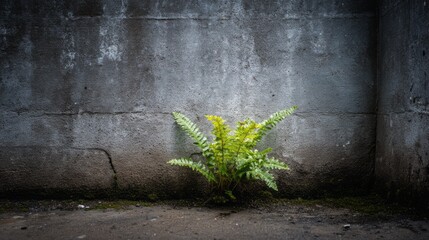 Green fern growing from moss at the base of a weathered concrete wall, symbolizing urban nature reclaiming space. AI generative