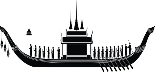 Black vector silhouette illustration of a traditional ornate royal barge with many rowers and a central pavilion isolated on a white background. © Priyanka