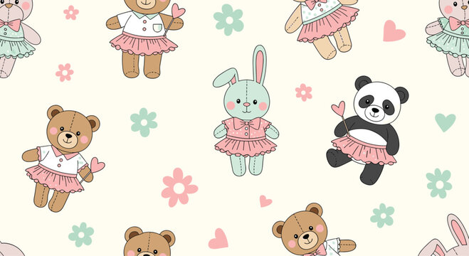Adorable seamless pattern for kids featuring cute plush teddy bears bunnies and pandas wearing pink skirts and holding heart wands on beige.