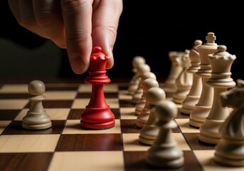 Close Up Hand Moving Red Queen Chess Piece on Wooden Board