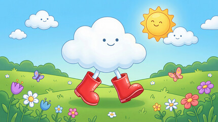A bright illustration for children depicting a sunny day, a happy sun and a cloud walking in red boots among colorful flowers
