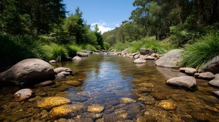 Fototapeta premium A crystal clear stream flows over colorful rocks bordered by lush green vegetation and trees under a vibrant blue sky