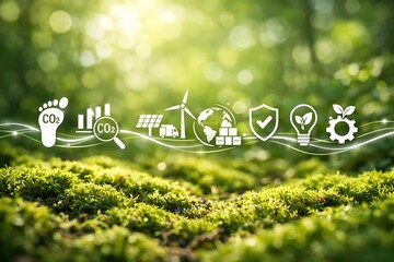 Green ESG Sustainability Concept With Moss Forest And Digital Icons