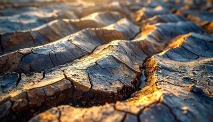 Cracked dry earth under golden sunset sky—dramatic light and parched soil evoke themes of drought, climate change, and environmental resilience in a visually striking natural landscape.