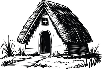 Rustic Wooden Hut Cabin Line Art Illustration.