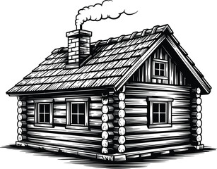 Log Cabin House with Chimney Line Art Illustration.