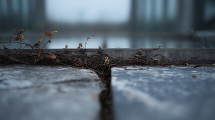 Dried vines creeping along cracked concrete pavement with shallow depth of field and blurred city background. AI generative