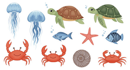 Fototapeta premium Colorful set of marine animal illustrations including jellyfish sea turtles crabs fish and a starfish on a white background.