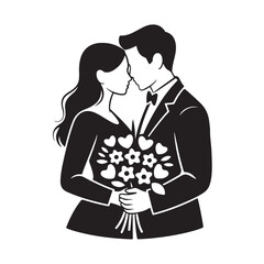 Couple is holding bouquet of flowers in wedding day silhouette vector illustration design for love concept on transparent background