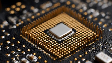 Close-up of a central processing unit (CPU) on a computer circuit board, selective focus