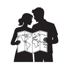 Couple is holding world map and planning their trip together silhouette vector illustration design for travel concept on transparent background