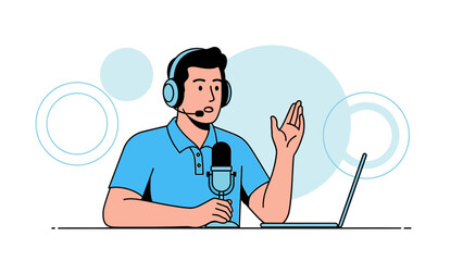 Podcaster Speaking into Microphone with Laptop, Online Radio Host, Live Streaming