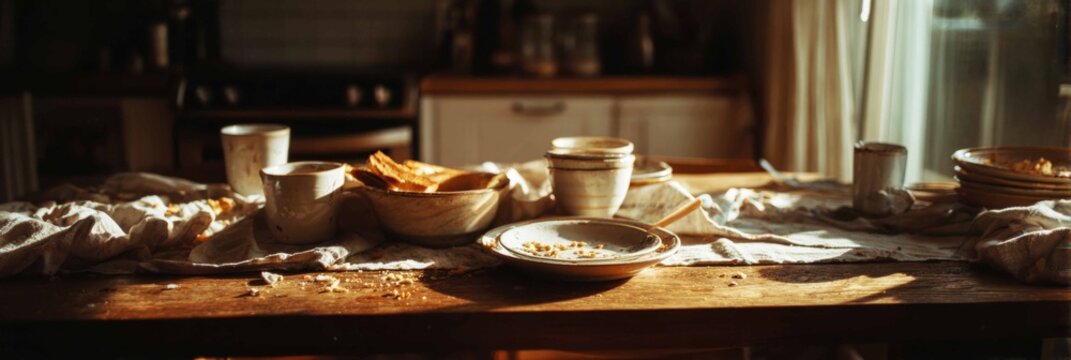 The table shows two empty cups and a plate with crumbs. There is also a stack of bread on a plate in a kitchen with morning light shining through the window, banner