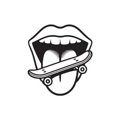 Open Mouth Biting Skateboard Design Retro Skateboarding Sign Vintage Skate Style Vector Illustration on Transparent Background for Apparel and Merchandise