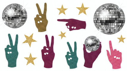Fototapeta premium Fun disco party elements with hands and disco balls