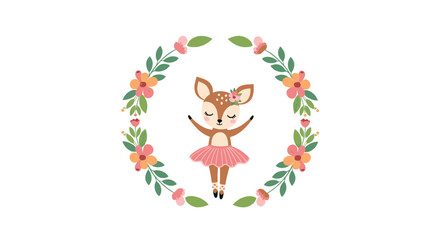 Obraz premium Graceful baby deer ballerina wearing a pink tutu poses inside a delicate wreath of green leaves and colorful spring flowers.