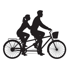 Silhouette illustration of couple riding tandem bicycle in love together isolated on transparent background vector art design concept for engagement moments