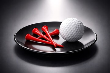 Professional golf ball and bright red tees presented on a sleek black ceramic plate, elegant sports concept