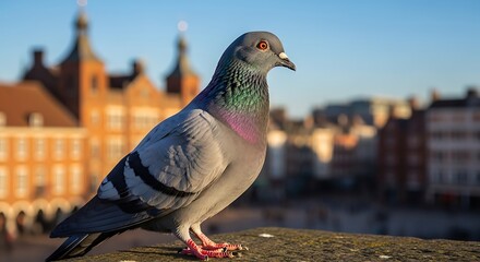 A lone pigeon stands alertly on a stone ledge with blurred city buildings in the background under a clear blue sky.