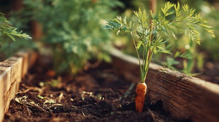 A close-up view of a carrot plant growing in a wooden garden bed, showcasing details