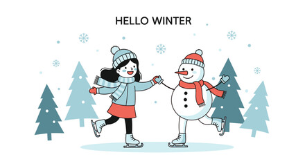 Little girl and a friendly snowman hold hands while ice skating through a snowy winter forest under the text hello winter.