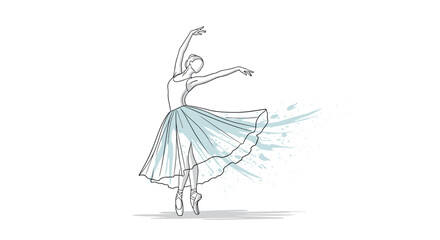 Fototapeta premium Elegant ballerina dances gracefully while a splash of blue watercolor paint creates a dynamic movement effect on her long white skirt.