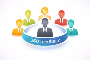 360 degree feedback concept with colorful business person silhouettes and a blue circular arrow on white background