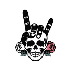 Skull Hand Horns Roses Symbol Heavy Metal Rock Music Lifestyle Devil Horn Fashion Design Tattoo Black Vector Illustration Skeleton Floral Rose Ornament Rock Gesture