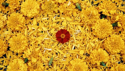Golden marigold flowers and petals spread out, creating a rich, textured background, with a singular crimson bloom